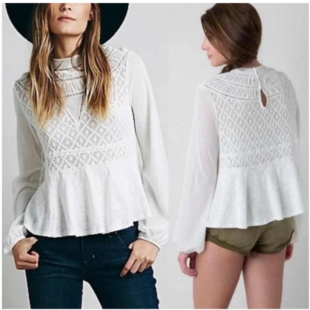 Free People High Neck English Rose Lace Peplum Long Balloon Sleeve Top